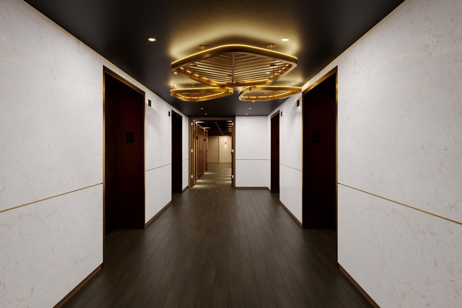 A hallway with several doors and has Boost RXT installed.